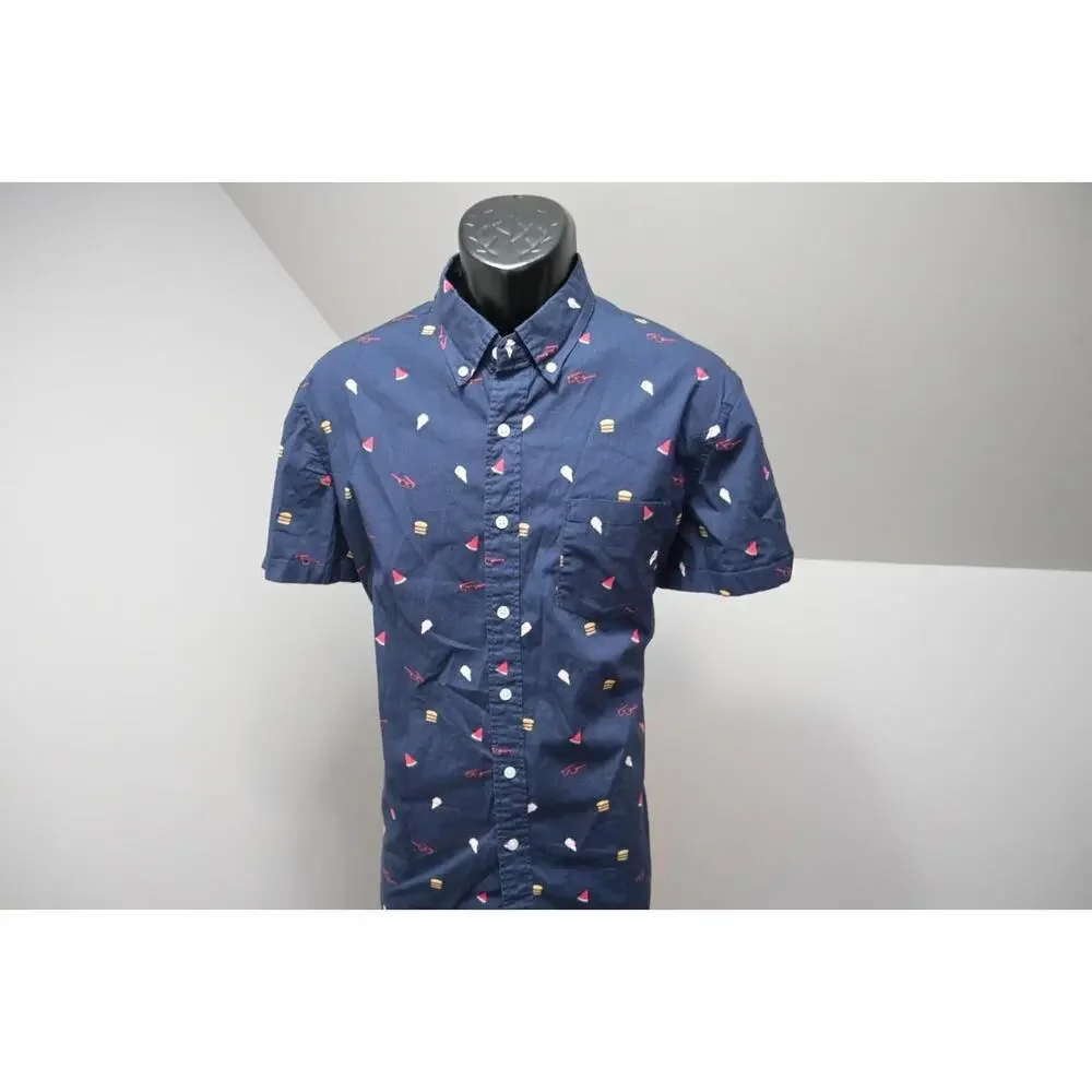 J Crew Flex Button Up Graphic Dress‎ Shirt Dark Blue Short Sleeve Mens Sz Large